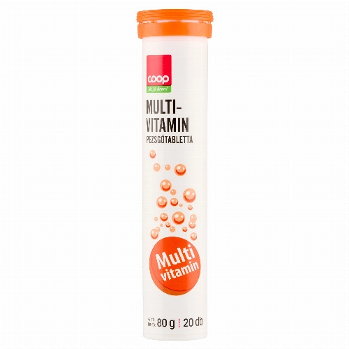 Coop narancs ízű multivitamin étrend-kiegészítő pezsgőtabletta édesítőszerekkel 20 x 4 g (80 g)