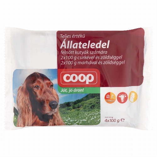 Coop teljes értékű állateledel felnőtt kutyák számára csirkével, marhával, zöldséggel 4 x 100 g