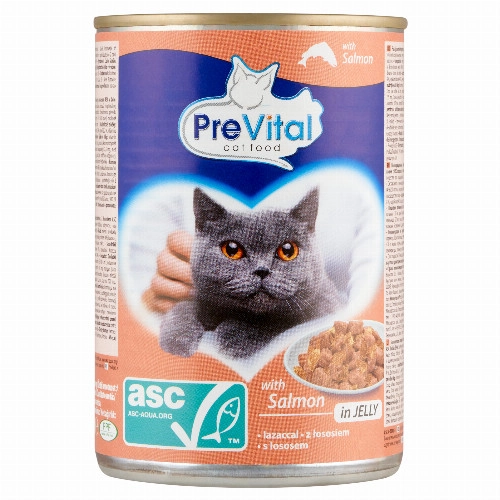 PreVital nedves macskaeledel, macskatáp felnőtt macskáknak ASC lazaccal zselében konzerv 415 g