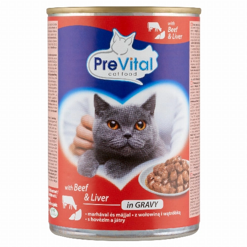 PreVital nedves macskaeledel, macskatáp felnőtt macskáknak marhával, májjal szószban konzerv 415 g