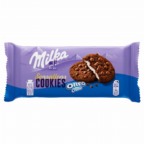 Milka Cookies Sensations Oreo Creme kakaós keksz tejcsokoládé darabokkal, vaníliás töltelékkel 156 g
