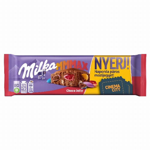 Milka Mmmax alpesi tejcsokoládé meggyes zselédarabkákkal, cukordrazséval és robbanócukorkával 250 g