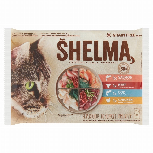 Shelma nedves macskaeledel, macskatáp felnőtt macskának gabonamentes párolt filé alutasakos 4 x 85 g
